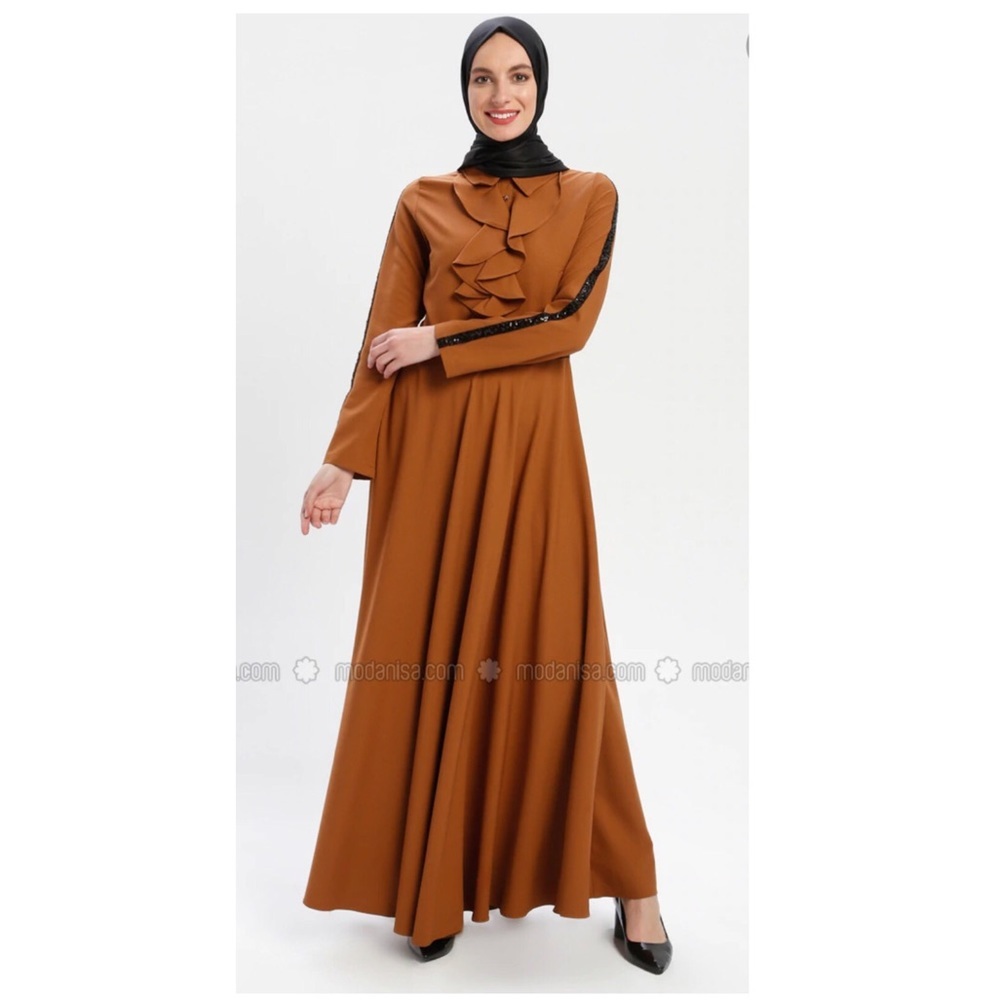 Brown Buttoned Maxi Dress with Bishop Sleeves